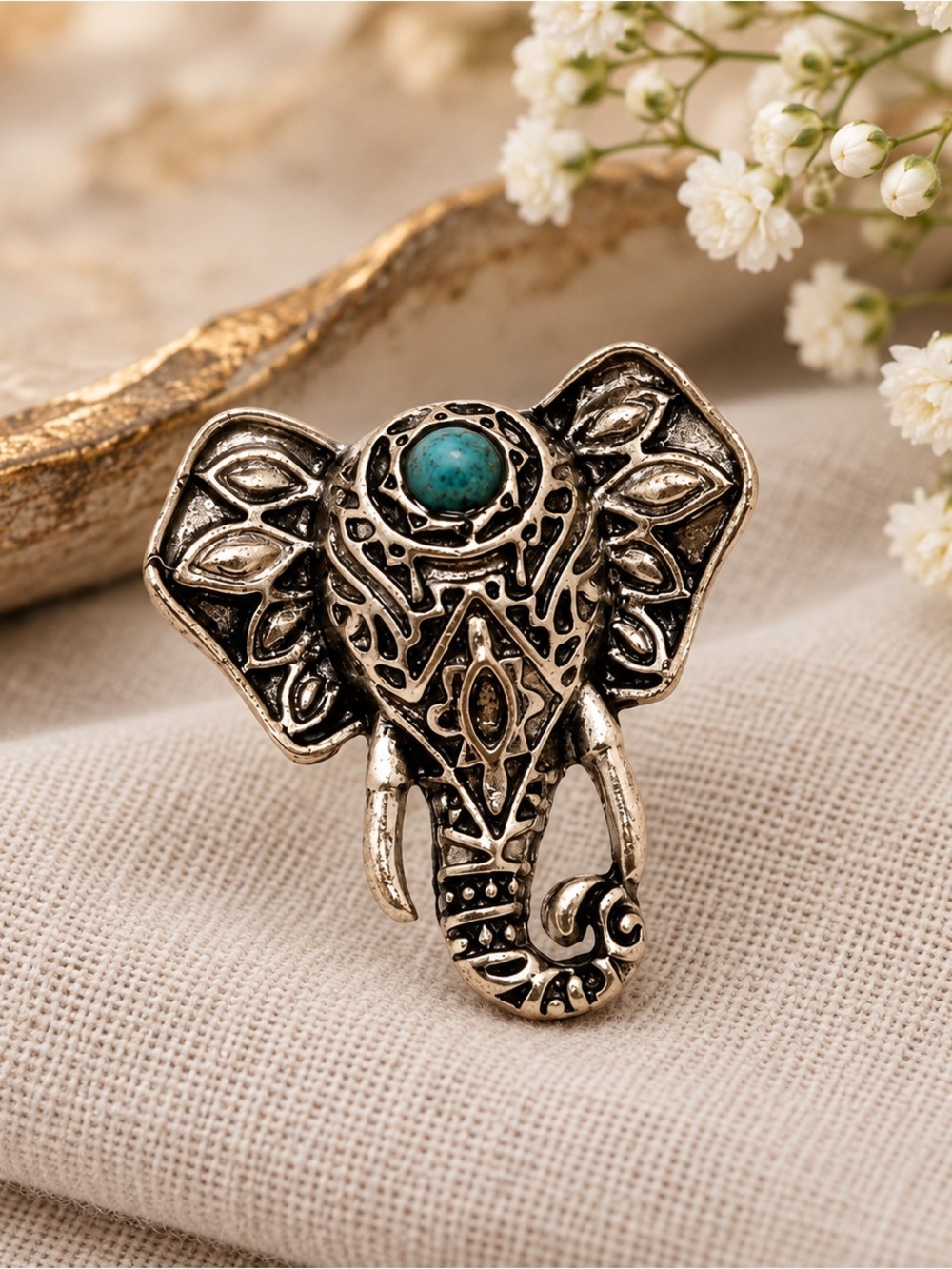 Elephant Ring Turquoise Stone Boho Statement Ring Adjustable